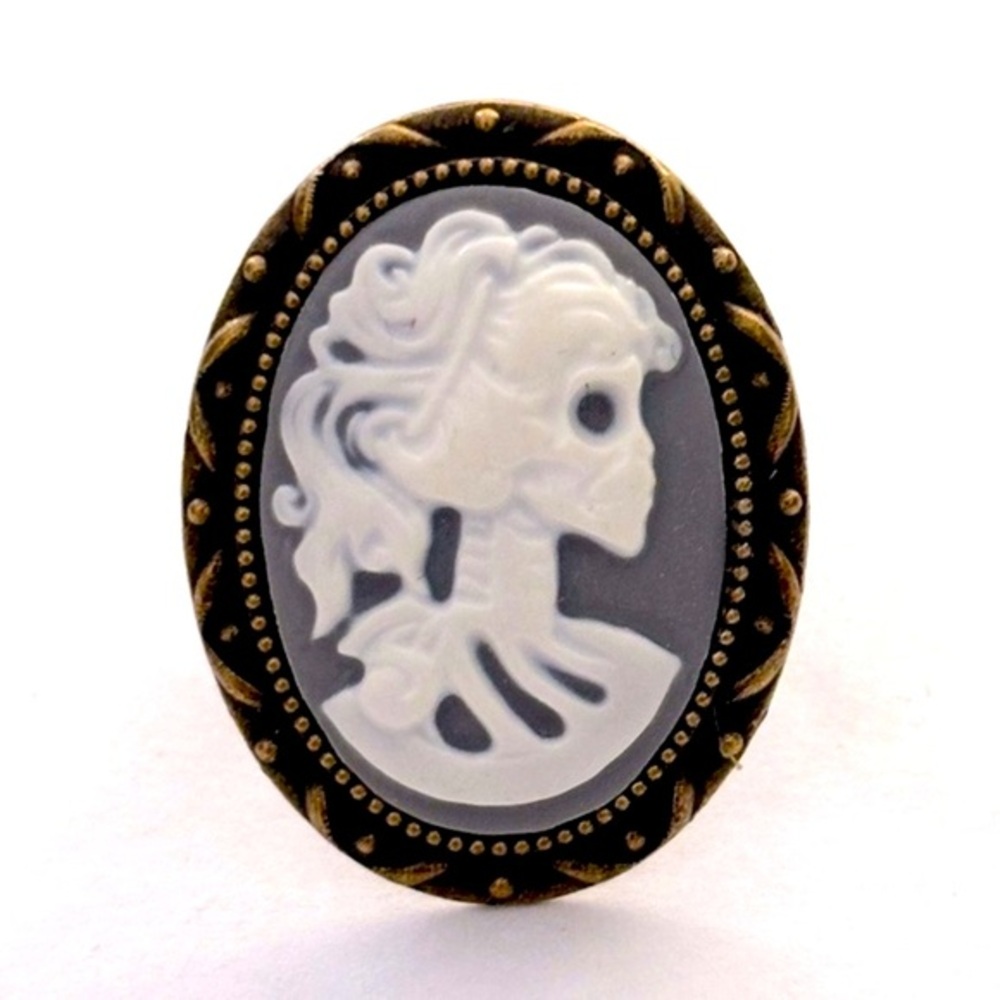 Grey and White skeleton lady cameo Victorian adjustable ring, NWT, Handmade